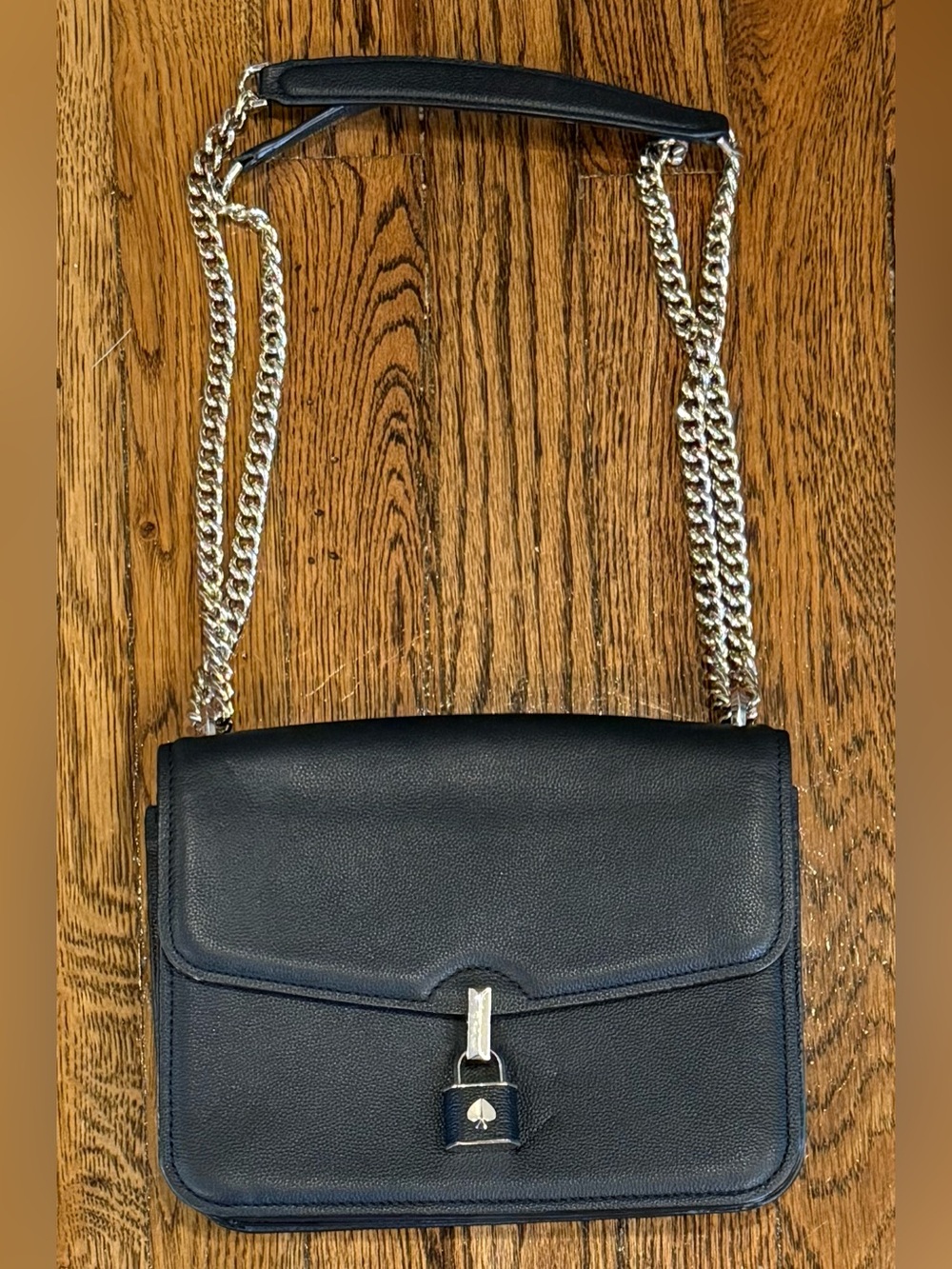 Kate Spade Locket Large Flap Shoulder Bag Purse Pebbled Leather Black Gold Chain